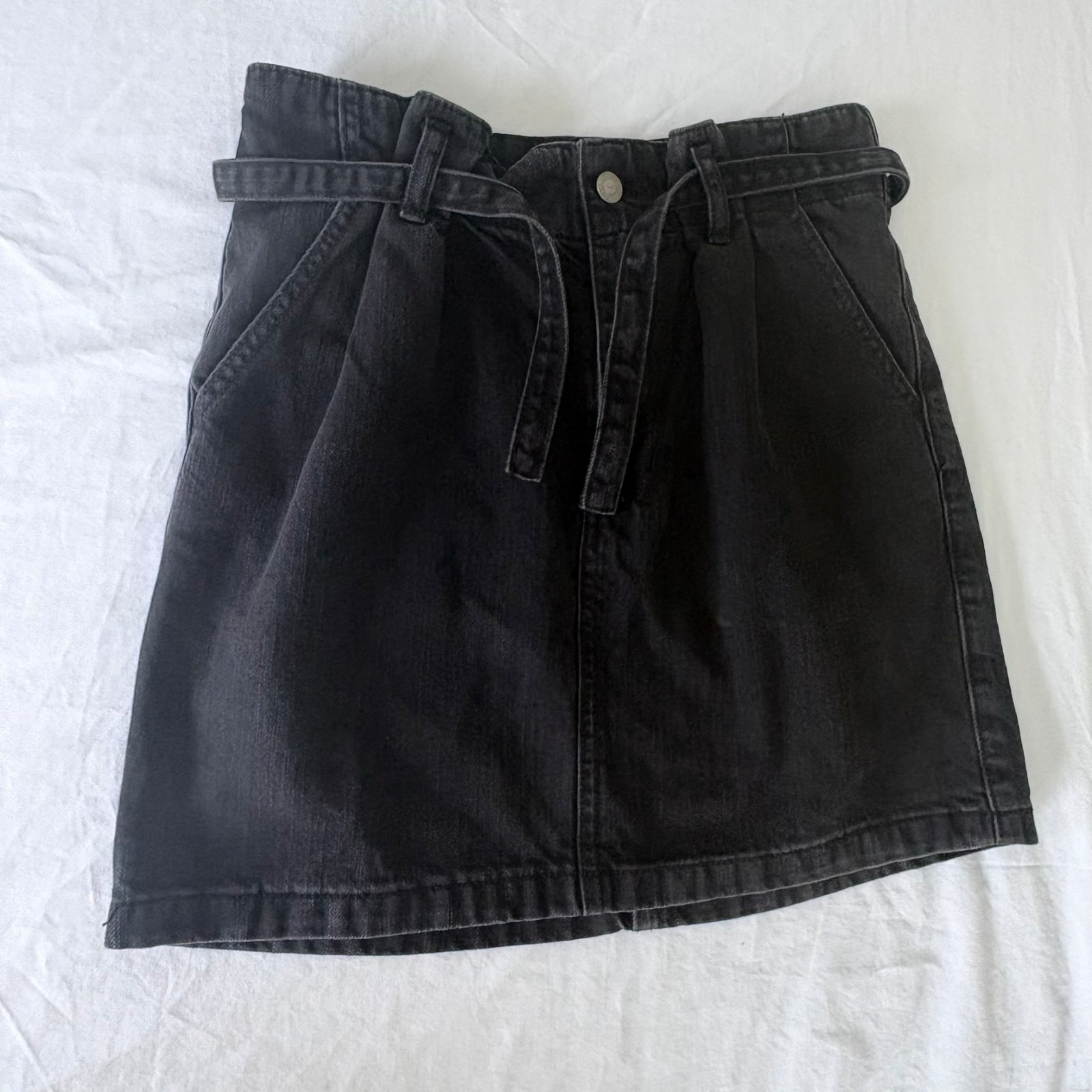 Hollister Womens Black Denim Ultra High Rise Paper Bag Waist Belt Mini Skirt 3